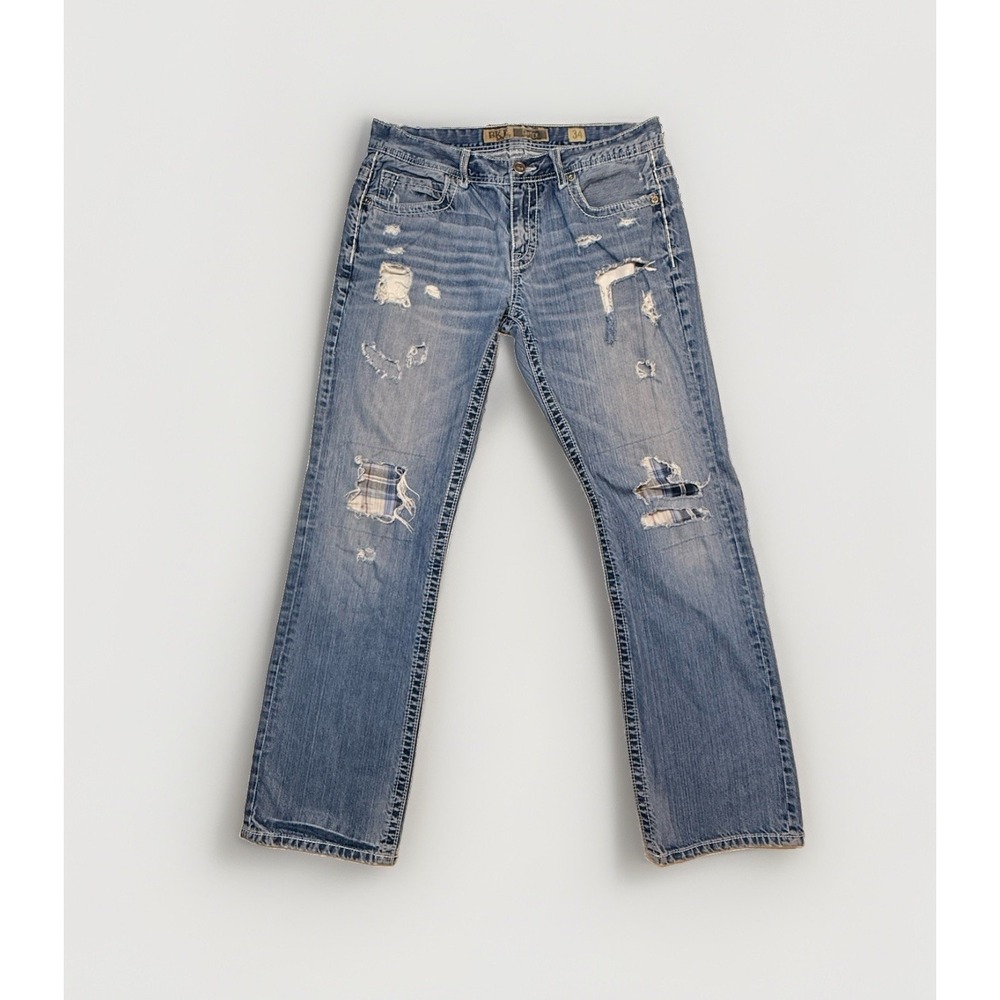 BKE Jeans Mens 34x33 Blue Carter Buckle Denim Pants Faded Embroidered Faded